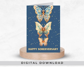 Soberversary Greeting Card, Happy sober birthday, Butterflies Blue Design, Celebrate recovery, Sobriety Card Download, Alcoholics anonymous