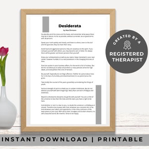 May include: A printable poster with a wooden frame and a pink flower in a white vase. The poster features the text "Desiderata" by Max Ehrmann, a poem about living a good life. The poster also includes the text "Created by a Registered Therapist".