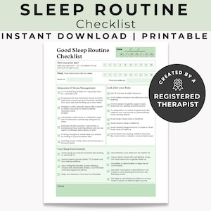 Puede incluir: Una lista de verificación imprimible para mejorar la rutina del sueño. La lista de verificación incluye secciones para hacer un seguimiento del sueño, la relajación y la gestión del estrés, las cosas que hacer antes de acostarse y la creación de un buen entorno para dormir. La lista de verificación está creada por un terapeuta registrado.