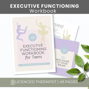 Pode incluir: Um caderno de exercícios sobre funções executivas para adolescentes com capa bege claro, silhuetas de dançarinos em roxo e amarelo, um ícone de círculo azul e o texto "Executive Functioning Workbook for Teens". Uma segunda página mostra "Section 01 Welcome to Your Brain".