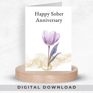 Carte de voeux de célébration sobre, carte d'encouragement à la sobriété, carte d'étape importante pour le rétablissement de la toxicomanie, style floral violet, téléchargement imprimable