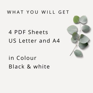 以下が含まれることがあります： 「WHAT YOU WILL GET」というテキストに続いて、「4 PDF Sheets US Letter and A4 in Colour Black & white」というテキストが表示されます。テキストは白地に黒で表示されています。画像の右側には、緑色のユーカリの葉の枝があります。