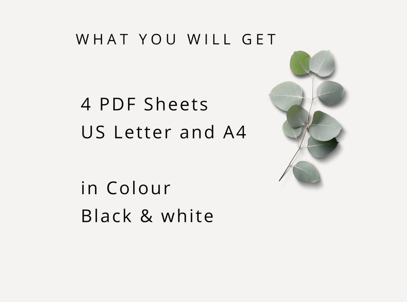以下が含まれることがあります： 「WHAT YOU WILL GET」というテキストに続いて、「4 PDF Sheets US Letter and A4 in Colour Black & white」というテキストが表示されます。テキストは白地に黒で表示されています。画像の右側には、緑色のユーカリの葉の枝があります。