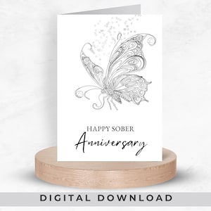 Druckbare nüchtern Jubiläum Karte, Sucht Erholung Geburtstag Download, minimalistisches Schmetterling Design, Anonyme Alkoholiker Grußkarte