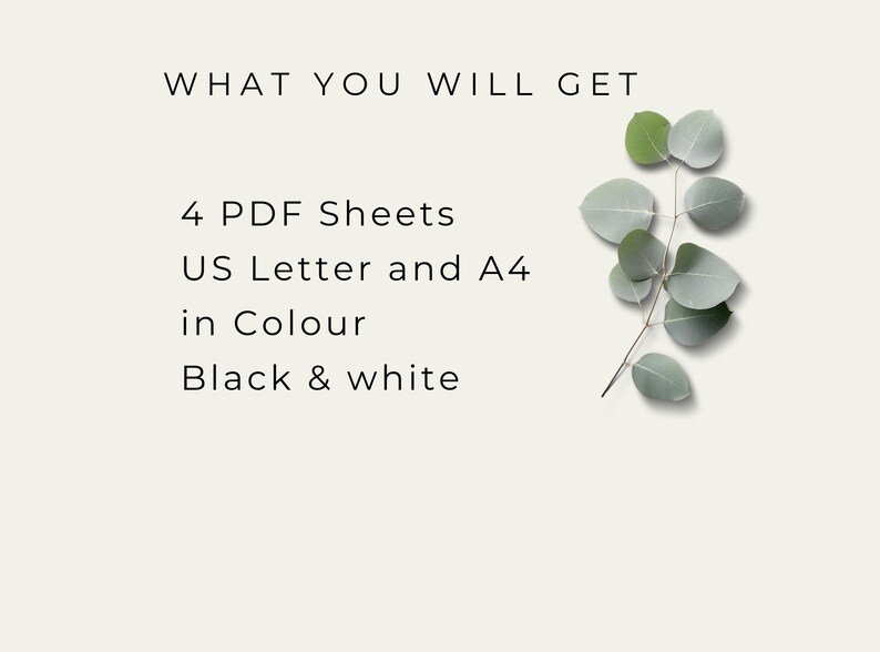 May include: A digital download of printable planner sheets in both US Letter and A4 sizes. The sheets are available in color and black and white. The image shows a sprig of eucalyptus leaves.