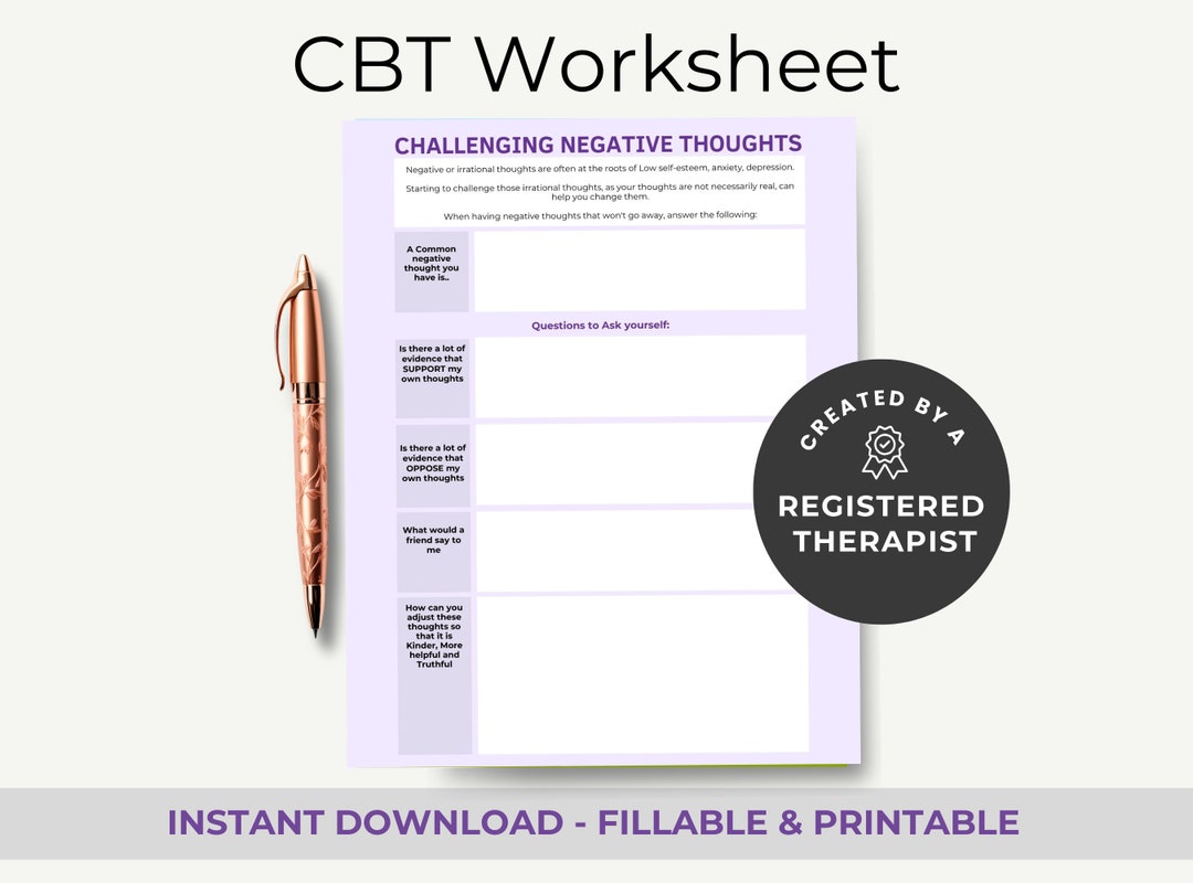 Cognitive Therapy Worksheet, Challenging Negative Thoughts, Printable ...