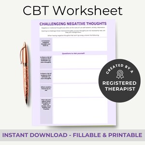 Cognitive Therapy Worksheet, Challenging Negative Thoughts, Printable & Fillable PDF Form, Tool for Anxiety, Low Self Esteem, Addiction,
