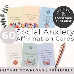 Frases para afrontar la ansiedad, afirmaciones para la ansiedad social, afirmaciones imprimibles con diseño mexicano, fichas de diálogo interno positivo, descarga