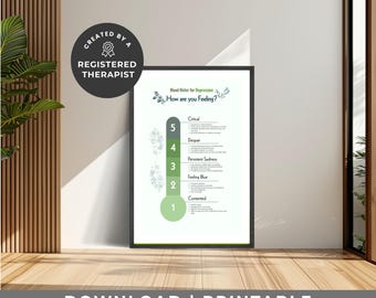 Mood Meter Poster Printable,  Mental Health Signs and Symptoms, Green Therapy Room Poster, Depression awareness JPG & PDF, Digital Download