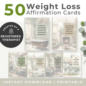 Cartes d'affirmation de la perte de poids, Parler de soi positif pour une alimentation en pleine conscience, Cartes-éclair vertes imprimables, Changer les pensées négatives, Design traditionnel
