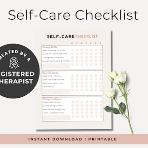 Self Care Check List, Printable Self-Care Checklist, Self-Care Habit Tracker to Improve Mental Health,  Depression, Stress, Anxiety etc