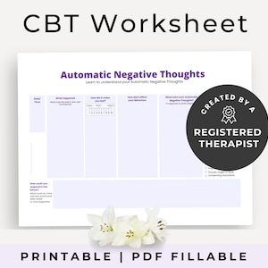 Op de afbeelding: Een printbaar CBT-werkblad om automatische negatieve gedachten te identificeren en te begrijpen. Het werkblad is verdeeld in vijf secties: Datum/Tijd, Wat is er gebeurd, Hoe voelde je je?, Hoe heeft het je gedrag beïnvloed? en Wat waren je automatische negatieve gedachten als reactie op wat er gebeurd is? Het werkblad is gemaakt door een geregistreerde therapeut.