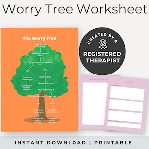 Worry Tree Worksheet, Colourful CBT Printable, Anxiety Therapy Worksheet For Adults, Cognitive Distortion, Challenging Irrational Thoughts