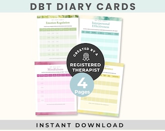 DBT Diary Card, Distress Tolerance & Emotion Regulation, 4 Page PDF A4  Us Letter