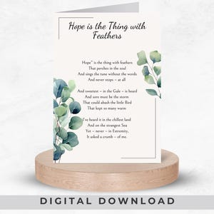 Citazione di Emily Dickinson, biglietto d'auguri verde, la speranza è la cosa con le piume, regalo di poesia stampabile, poesia per la guarigione dell'anima, digitale