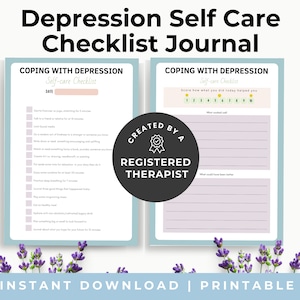 Può includere: Diario di checklist di auto-cura per la depressione stampabile con uno schema di colori blu e rosa chiaro. Il diario include un elenco di controllo delle attività di auto-cura e una sezione per valutare quanto siano state utili le attività. Il diario è stato creato da un terapeuta registrato.