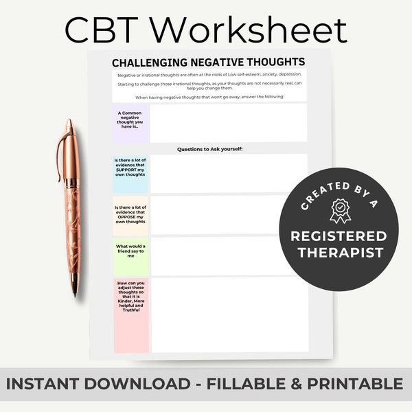 Challenging Negative Thoughts, Pastel CBT Technique Fillable PDF, Manage Anxiety Tool, Understand Difficult Emotions Worksheet, Coping Skill