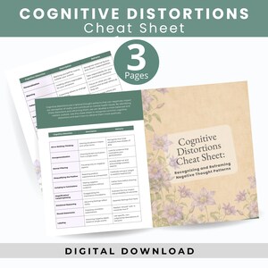 Op de afbeelding: Een digitaal document van drie pagina's genaamd Cognitive Distortions Cheat Sheet. Het bevat tabellen met cognitieve vervormingen, beschrijvingen en herkadertrategieën, versierd met paarse bloemillustraties op een beige achtergrond.