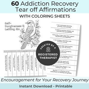 Peut inclure: Affirmations imprimables en noir et blanc pour la guérison de la dépendance. L'image comprend une illustration d'oiseau, le texte "Self-Forgiveness & Letting Go" et les mots "60 Addiction Recovery Tear off Affirmations WITH COLORING SHEETS". Créé par un thérapeute agréé.