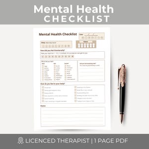 May include: A printed Mental Health Checklist page featuring sections for date, sleep hours, water intake, emotional ratings, feelings, physical symptoms, and notes, accompanied by a black and rose gold ballpoint pen.