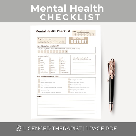 Mental Health Checklist for Adults, Mental Health Tracker, Daily Mood Tracker Print, Mental health check in sheets, Mood tracker PDF, Brown