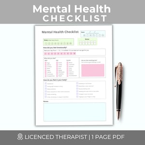 May include: A printed Mental Health Checklist document featuring sections for date, sleep hours, water intake, emotional ratings, feelings, physical symptoms, and notes, accompanied by a black and rose gold pen with an ornate metal clip design.