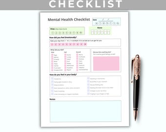 Lista de verificação de saúde mental para adultos, rastreador de saúde mental, rastreador diário de humor para imprimir, folhas de verificação de saúde mental, rastreador de humor em PDF, tons pastel