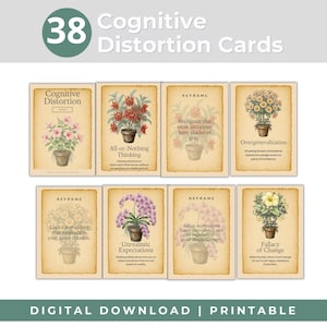 Floral Cognitive Distortion Cards, CBT Tool Challenging Negative Thoughts