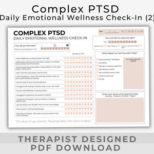 Op de afbeelding: Een afdrukbaar PDF-document getiteld "Complex PTSD Daily Emotional Wellness Check-In (2)". Het formulier bevat secties voor de dagelijkse stemming, slaapkwaliteit, aardingstechnieken en ruimte om over de gebeurtenissen van de dag te schrijven. Het document is door een therapeut ontworpen.