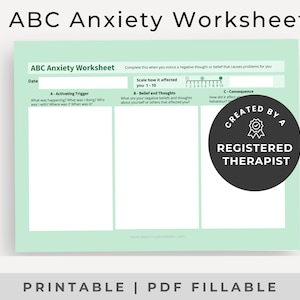 Könnte beinhalten: Ein druckbares ABC-Angst-Arbeitsblatt mit hellgrünem Hintergrund. Das Arbeitsblatt enthält Abschnitte für 'Auslöser', 'Glauben und Gedanken' und 'Konsequenzen'. Der Text 'ERSTELLT VON EINEM ZUGELASSENEN THERAPEUTEN' ist ebenfalls sichtbar.