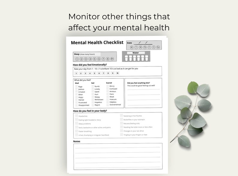 May include: A black and white printable mental health checklist with sections for sleep, emotional well-being, physical symptoms, and notes. The checklist includes a scale for rating your day from 1 to 10, a list of emotions, and a list of physical symptoms.