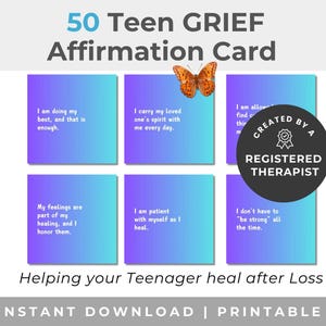 Cartes d'affirmation de deuil à imprimer pour les adolescents, outil de soutien émotionnel pour adolescents, cartes mémoire colorées, aide pour les adolescents en deuil, téléchargement de cartes mémoire