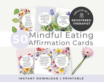 Puede incluir: Un juego de 50 tarjetas de afirmación para una alimentación consciente con diseños florales en acuarela y áreas de texto circulares blancas. Las tarjetas incluyen frases como Como con intención y Agradezco la abundancia.