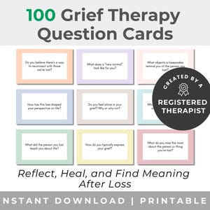 May include: A digital download featuring 100 Grief Therapy Question Cards. The cards are arranged in a grid, each with a different question about grief. The design includes pastel colors and the text "Reflect, Heal, and Find Meaning After Loss."