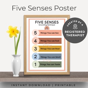 Five Senses Grounding Technique Poster, Dbt Coping Skills Poster, Anxiety Relief, Panic Attacks, DBT Therapy, Calm Down Strategies, BOHO