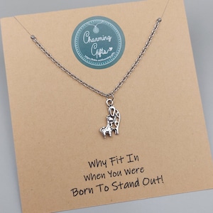 Mother and Baby Giraffe Necklace. A Tibetan Silver Charm on an Adjustable Stainless Steel Cable Chain with a Lobster Clasp.
