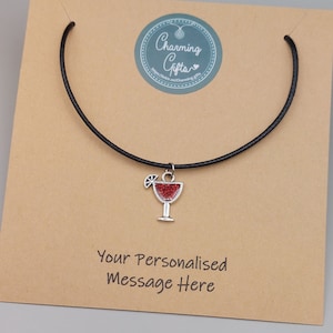 Red Cocktail Choker Necklace. A black corded choker necklace with a hand-painted Tibetan silver cocktail charm.