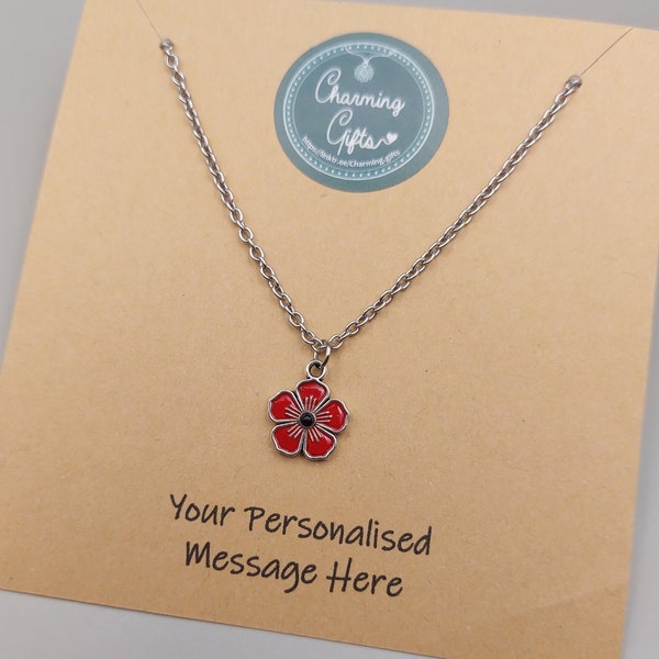 Poppy Necklace, Tibetan Silver Personalised Charming Gifts, August Birth Month Birthday Birthflower, Remembrance Red Poppy Flower Jewellery.