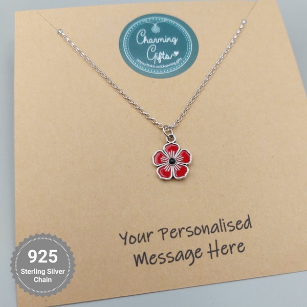 Red Poppy Necklace, August Birth Flower, Personalised Gift. Tibetan Silver Charm on a Sterling Silver Belcher Chain with Spring Ring Clasp.