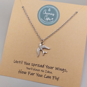 Swallow Bird Necklace – Tibetan Silver Charm on Adjustable Steel Chain, Symbol of Freedom, Hope and New Beginnings Gift