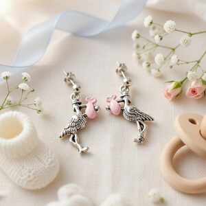 Pink Stork Earrings – Tibetan Silver Charms on Steel or Silver Ball Studs, Includes Personalised Backing Card