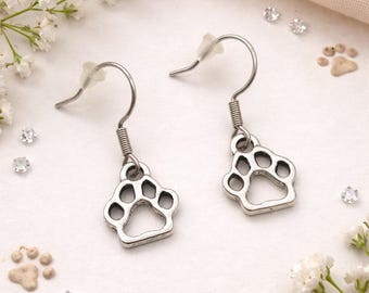 Paw Print Earrings – Tibetan Silver Charms on Steel or Silver Hooks, Includes Personalised Backing Card