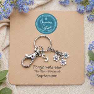 Forget-Me-Not Keyring – Tibetan Silver Charm on a Swivel Clasp Keychain, Includes Personalised Backing Card