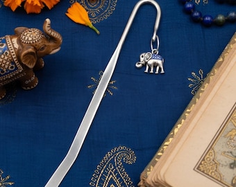 Blue Elephant Bookmark – Tibetan Silver Charm on a Metal Book Marker, Includes Personalised Backing Card