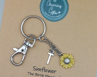 Sunflower Keyring, Charming Gifts, Personalised Gift, July Birthflower, Motivational Quotes, Affirmation for Success, Birthday Gift.