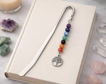 Tree of Life Bookmark – Tibetan Silver Charm & Chakra Stones on Metal Book Marker, Includes Personalised Backing Card