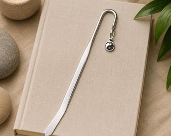 Yin Yang Bookmark – Tibetan Silver Charm on a Metal Book Marker, Includes Personalised Backing Card