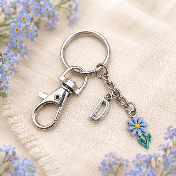 Forget-Me-Not Keyring – Tibetan Silver Charm on a Swivel Clasp Keychain, Includes Personalised Backing Card