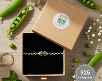Sterling Silver Peas-in-a-Pod Bracelet – Green Jade Pea Pod on Adjustable Chain, Includes Personalised Gift Box