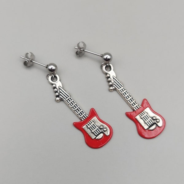 Hand-Painted Red Electric Guitar Earrings. A Tibetan Silver Charm on a Choice 4mm Sterling Silver or Steel Studs with Butterfly Backs.